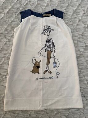 Mimi sol Girls White & Navy Graphic Shift Dress size 5-6 rhinestone dog print